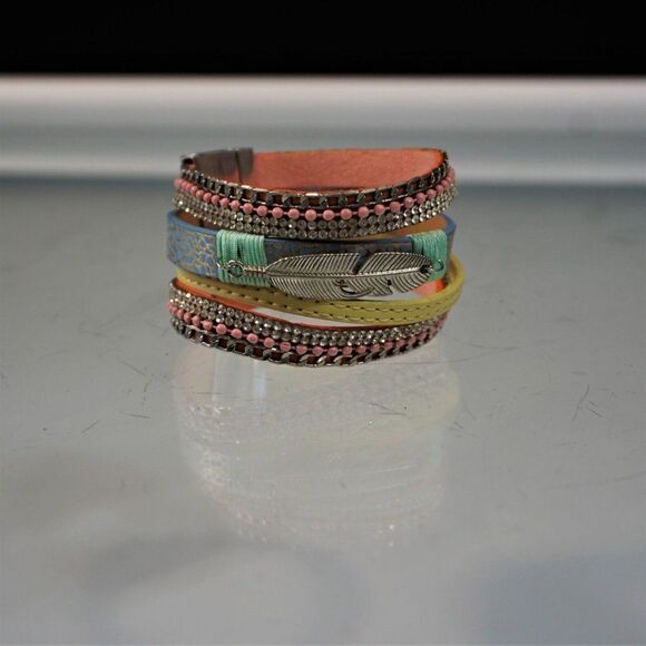 Feather Charm Faux Leather Wrap Bracelet Bling Multi Layer With Magnetic Clasp - Picture 4 of 8